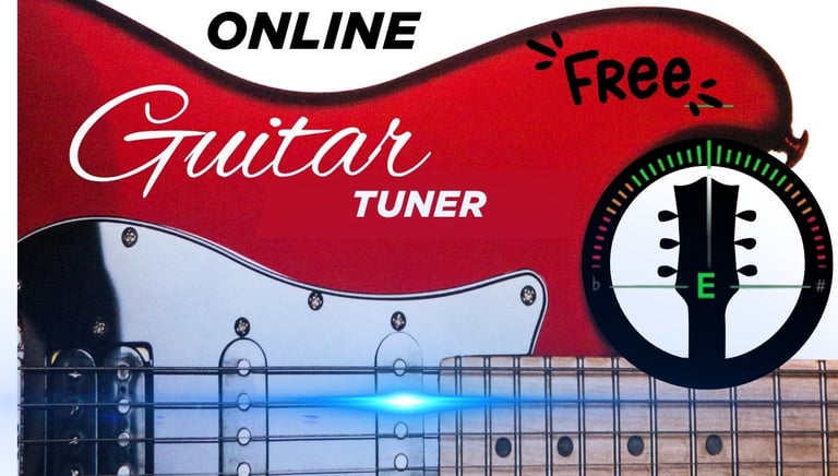 Free online guitar tuner interface featuring a red electric guitar and a digital tuning meter for pitch adjustment.