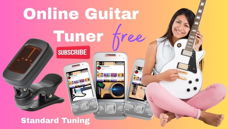 A woman holding an electric guitar next to an online guitar tuner app on multiple smartphones.