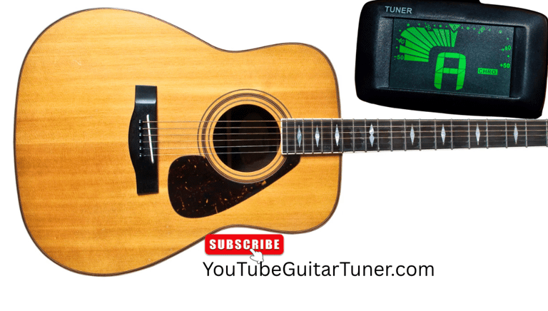 Acoustic guitar body next to a online digital tuner