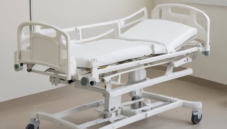 A clean, well-organized hospital room featuring modern hospital beds and furniture.