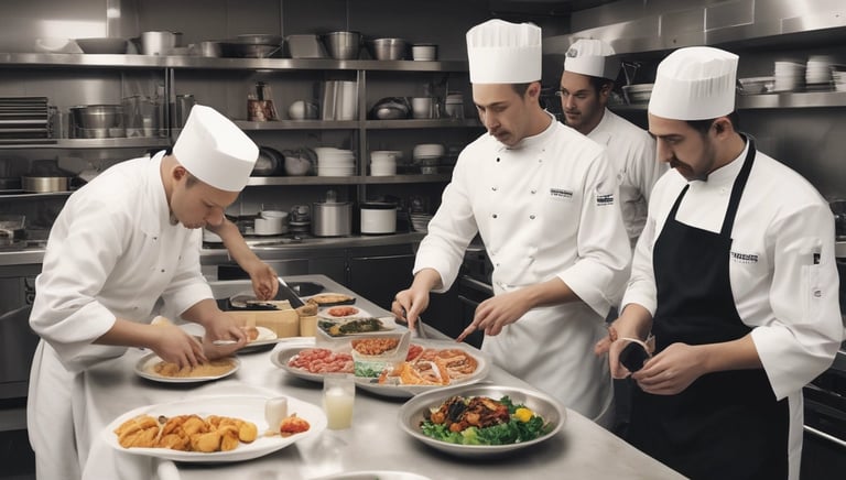 A consultant observing kitchen staff in action during a busy service.