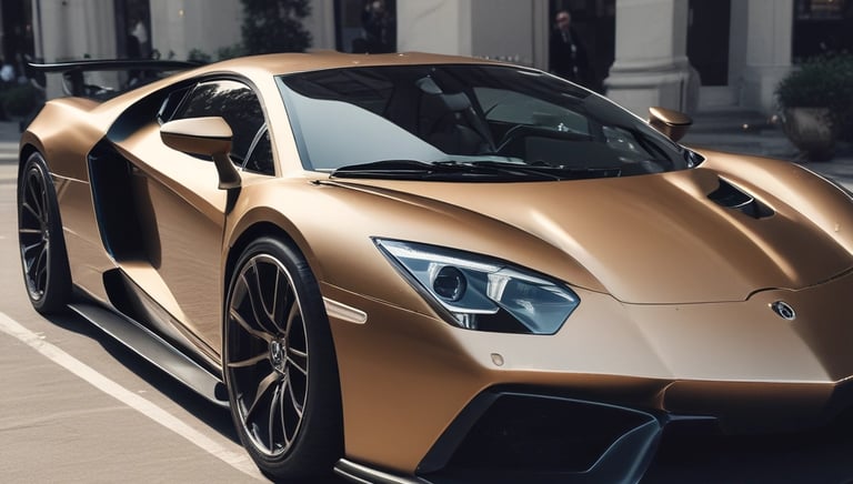 A sleek, shiny exotic sports car parked under soft lighting.