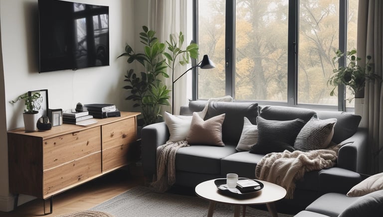 Cozy living room corner featuring soft lighting and elegant home accessories.