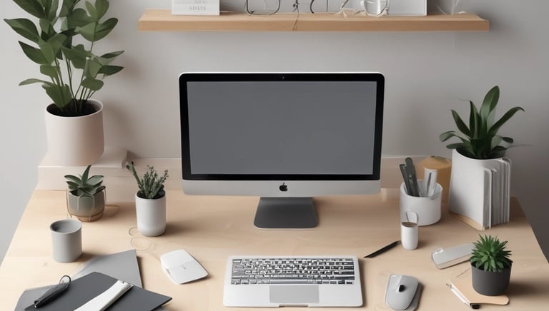 Modern desk setup with sleek organizers and tech gadgets neatly arranged.