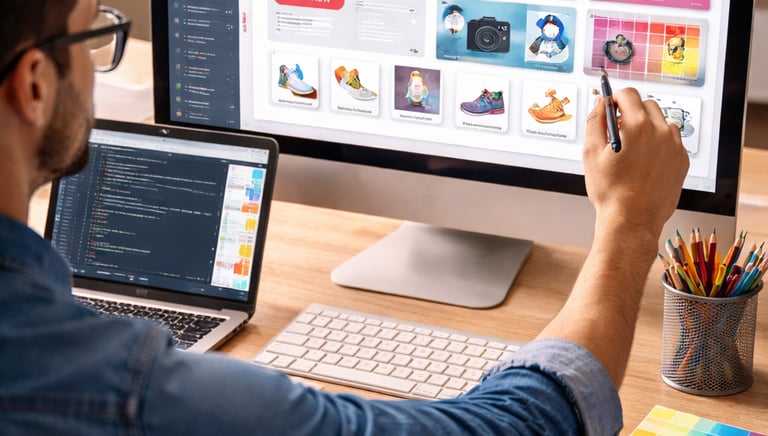 A web designer creating an e-commerce website layout on a desktop monitor in a home office.