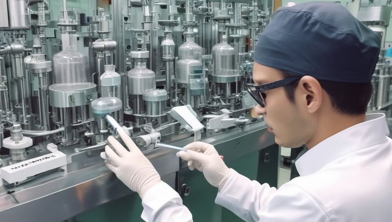 Photo of a clean, modern pharmaceutical production line with workers in protective gear.