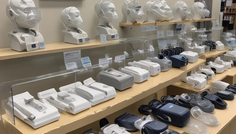 Close-up of various respiratory devices displayed neatly on a table.