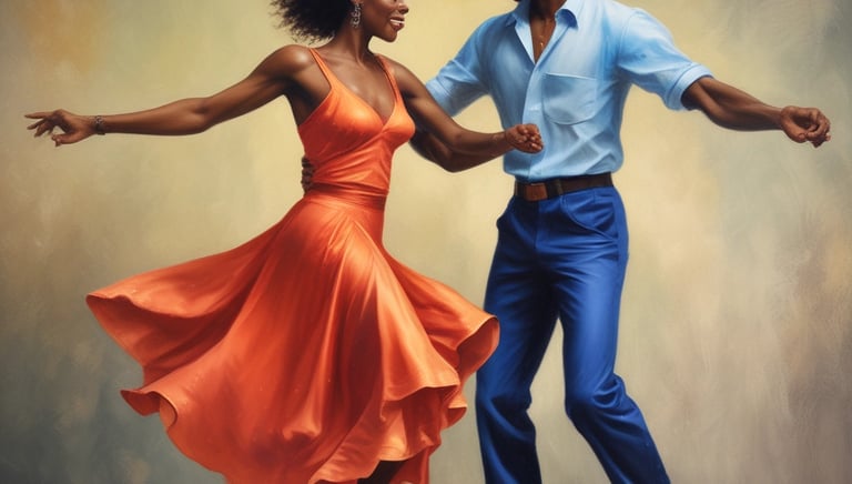 A passionate Latin dance couple performing a salsa move on a wooden floor