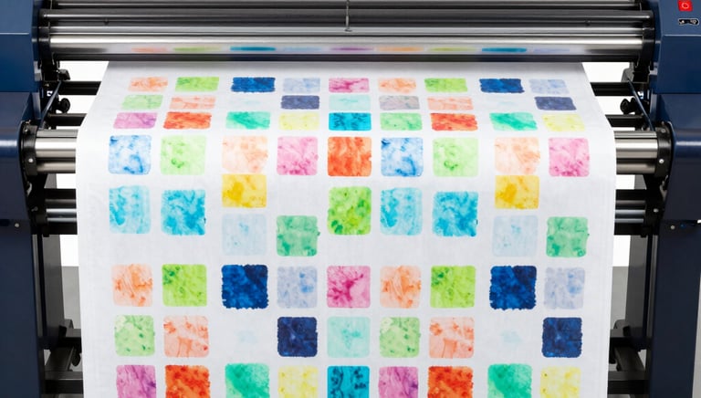 A vibrant digital textile printer producing colorful fabric rolls in a modern factory setting.