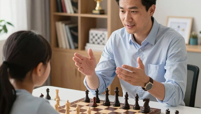 A cozy chess coaching session in a bright London room with a coach guiding a young student.