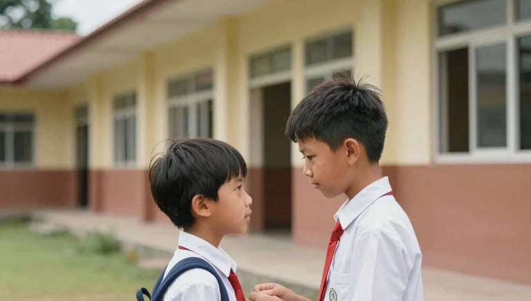 A warm, inviting photo of a parent and child reviewing a school directory on a laptop at home