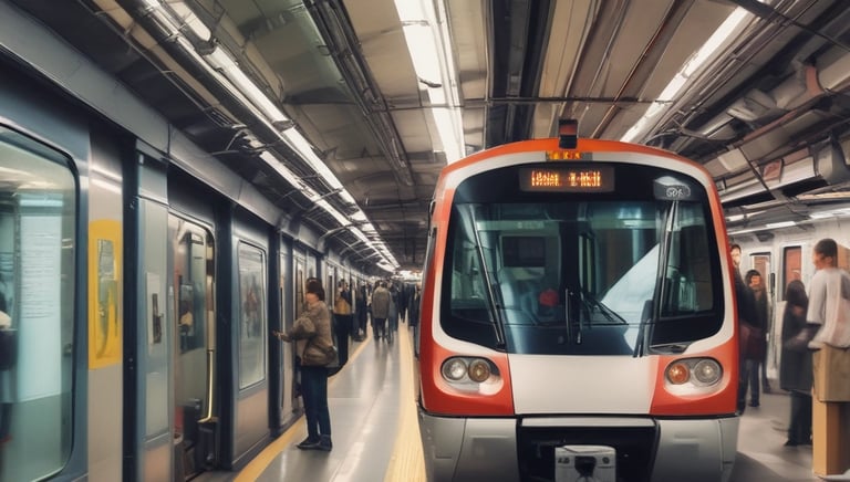 A busy metro train arriving at a modern station during rush hour.