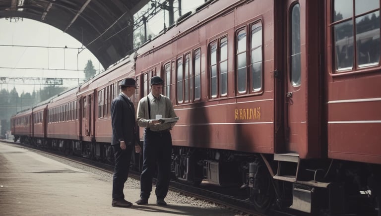 Railway staff coordinating schedules next to a light rail vehicle at a depot.