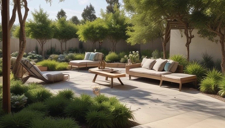 A serene backyard with a stone patio, lush greenery, and tasteful outdoor lighting.