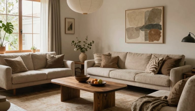 A cozy living room with soft lighting, plush seating, and warm wooden accents.