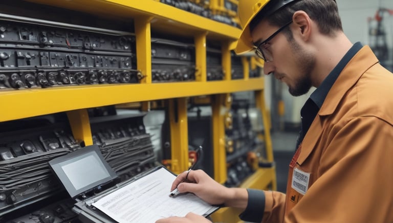 Close-up of a warning sign on industrial equipment indicating NR12 compliance.