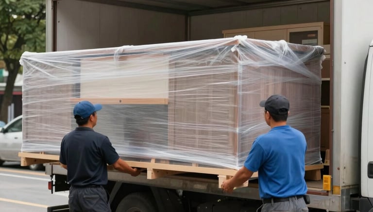 A professional team carefully packing and loading furniture into a delivery truck.