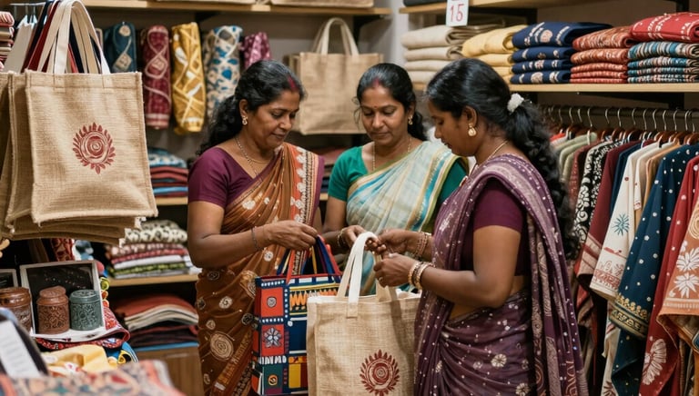 A smiling woman selling handmade goods at a bustling village market.