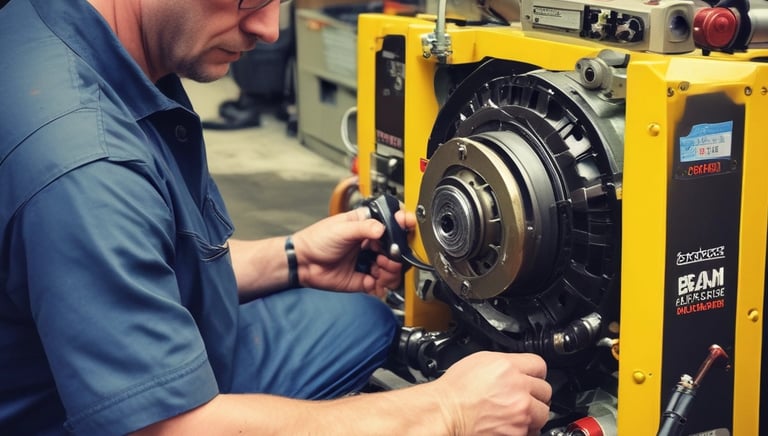Technician repairing a large diesel engine part in a professional workshop.