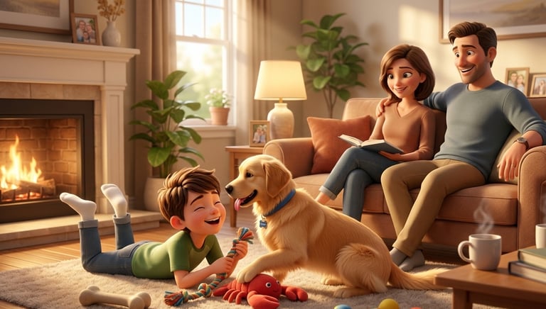 A happy family relaxing in a cozy living room with a golden retriever by a warm fireplace.