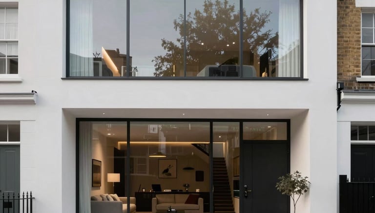 A sleek, modern home exterior bathed in soft natural light, reflecting luxury and calm.