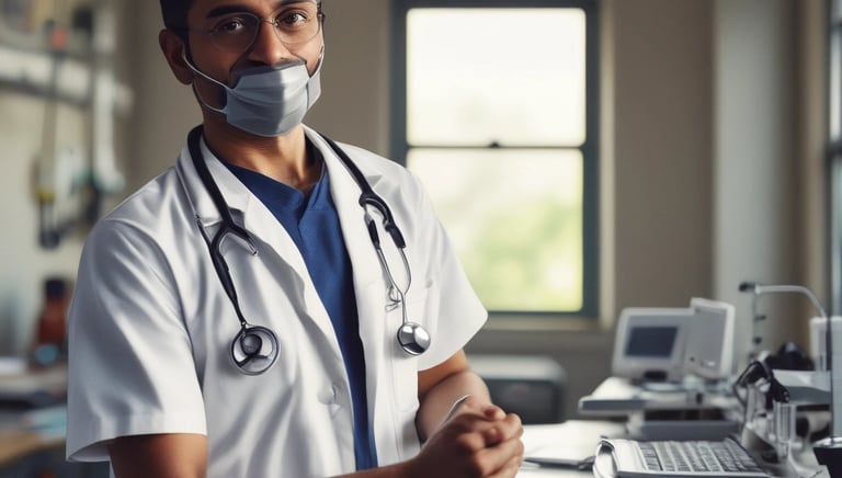 Healthcare professionals consulting over patient charts in a modern hospital setting.