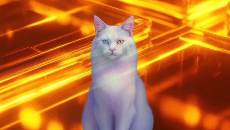Pulse Zero and Grace book cover featuring a white cat with heterochromia on a glowing amber background.