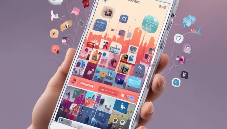 Close-up of hands designing colorful social media posts on a tablet.