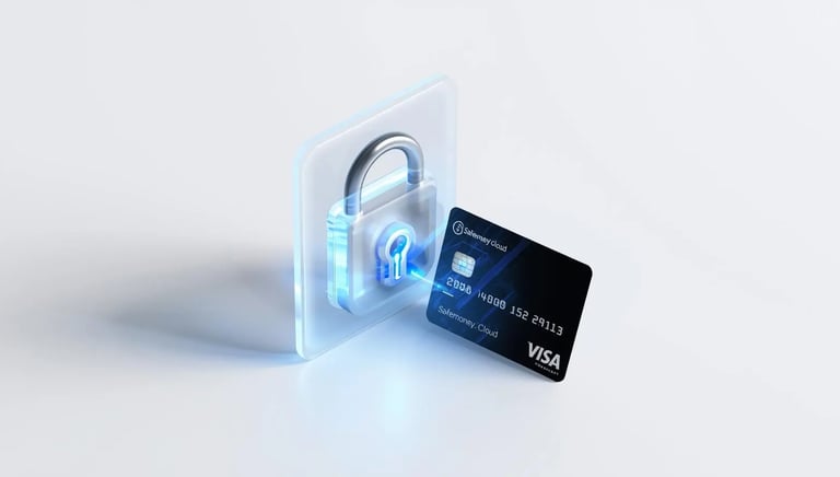 Futuristic secure access concept with Safemoney.cloud card unlocking digital lock using premium security key clean background