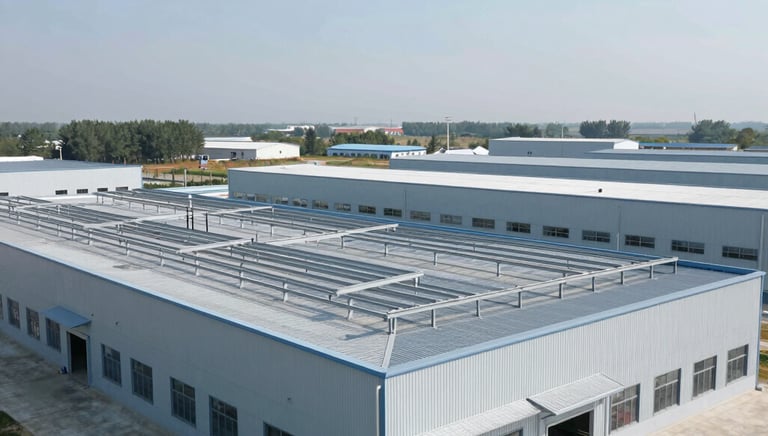 Steel framework of an industrial building with golden-hued fasteners highlighted.