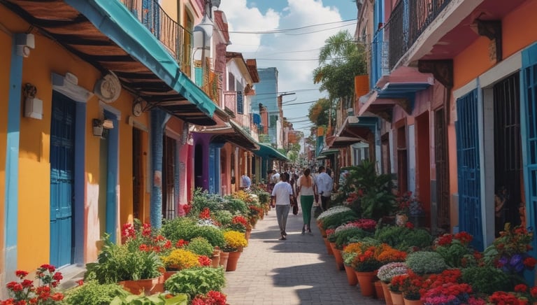 A vibrant street market in Santo Domingo with colorful stalls and lively crowds.