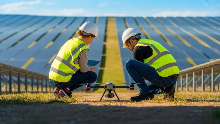 Dwóch specjalistów przygotowuje drona do inspekcji farmy fotowoltaicznej