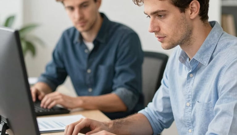 Dwóch mężczyzn pracuje w biurze przy komputerach