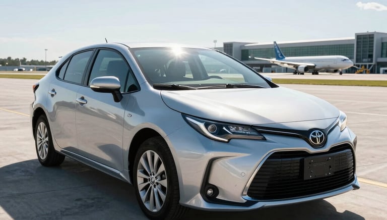 A sleek black VTC car waiting outside a modern airport terminal at sunset.