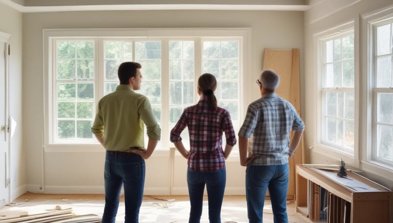 A contractor reviewing blueprints with a homeowner on a sunny Davis construction site.
