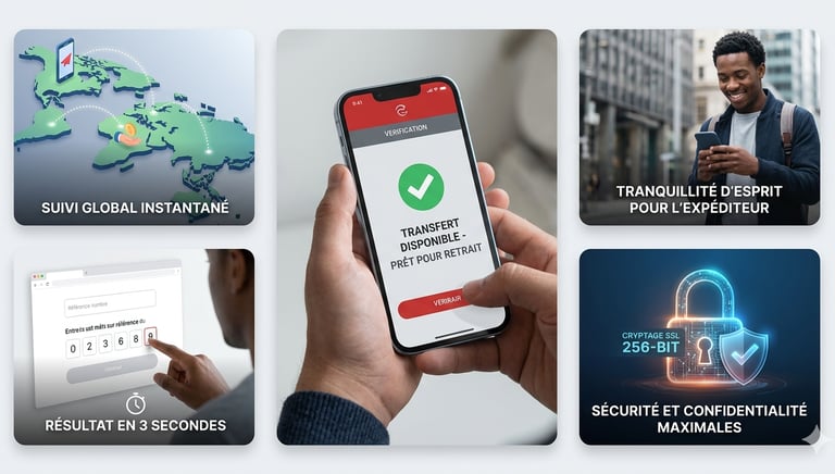 Coche verte de validation confirmant qu'un transfert de fonds est disponible pour le retrait 