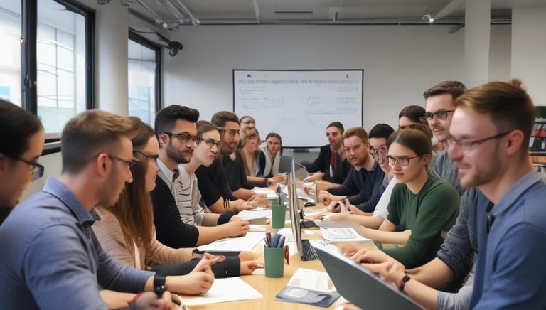 a group of people sitting around a table with papers and papers