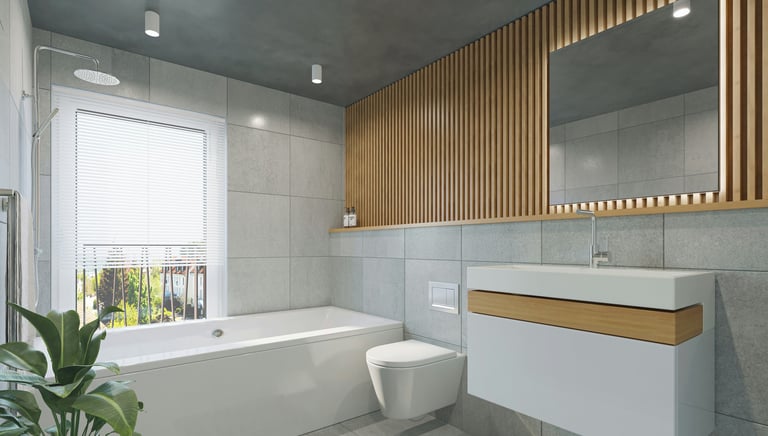 Modern luxury bathroom renovation with wooden accents and freestanding bathtub
