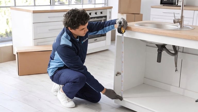 Plumber measuring sink cabinet for installation