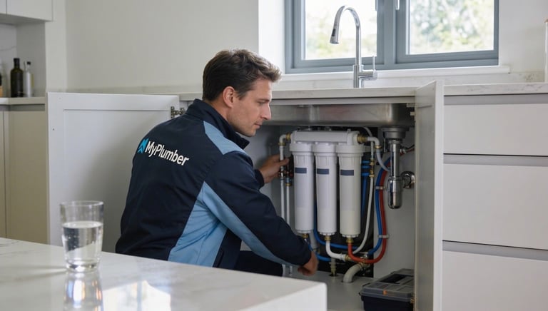 Professional plumber in Glasgow installing premium under sink water filtration system