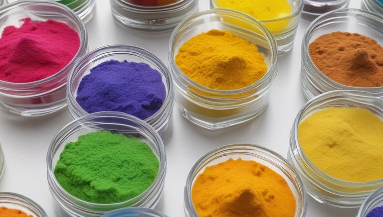 Close-up of colorful chemical powders arranged in glass containers.