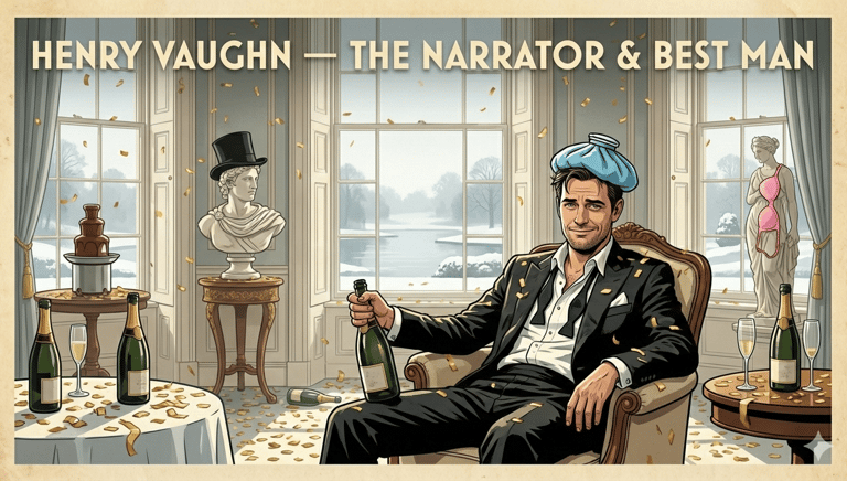 Henry Vaughn sitting in a messy room after a wedding party holding a champagne bottle.