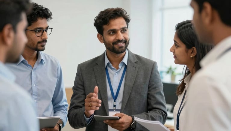 A small business owner discussing plans with a financial advisor in a modern workspace.