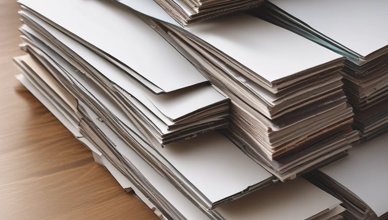 a stack of papers with a laptop on a table