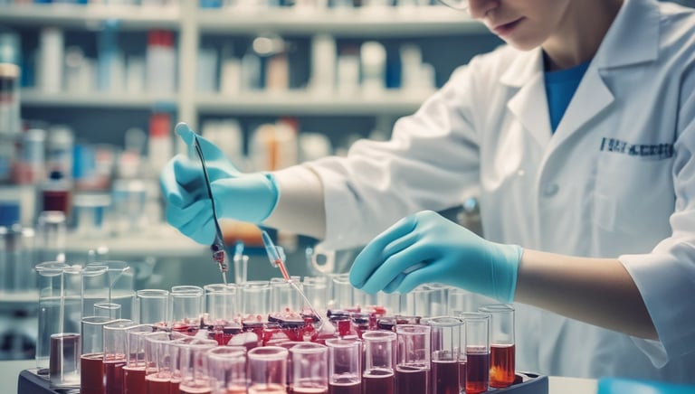 A close-up of a hand using a smartphone to book a medical test on a clean, blue-themed app interface.