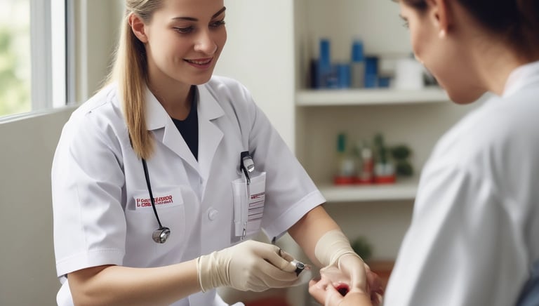 A friendly technician in a blue uniform collecting a blood sample from a patient at home.
