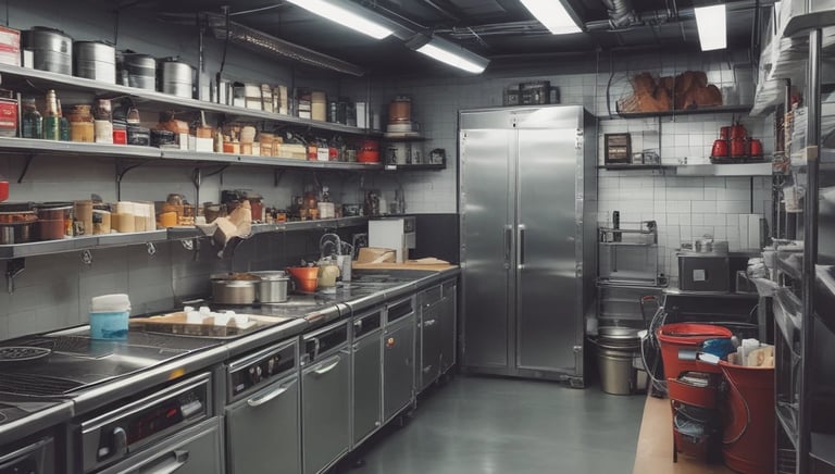 Service technician repairing a refrigeration unit in a cold storage room.