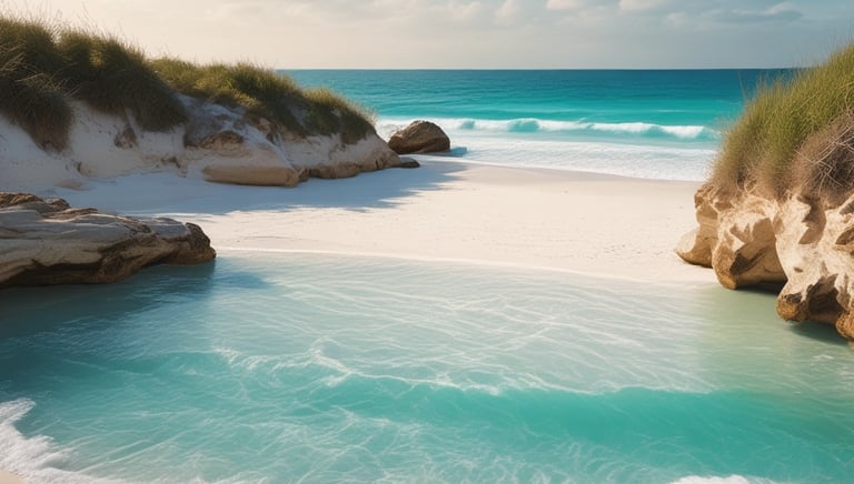 A serene seaside resort with sunlit terraces and clear blue skies.