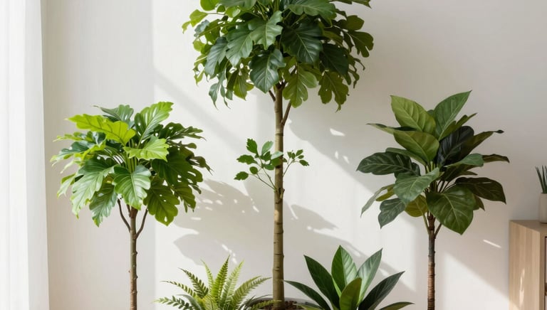 A modern office space decorated with realistic artificial plants in elegant pots