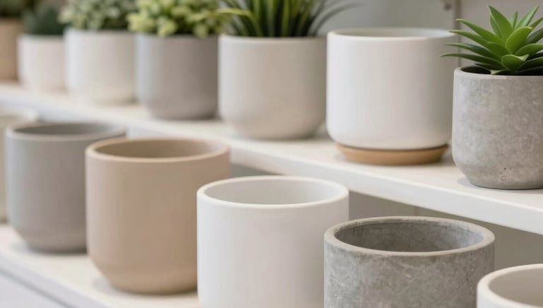 Various stylish flowerpot containers displayed on wooden shelves in a bright showroom